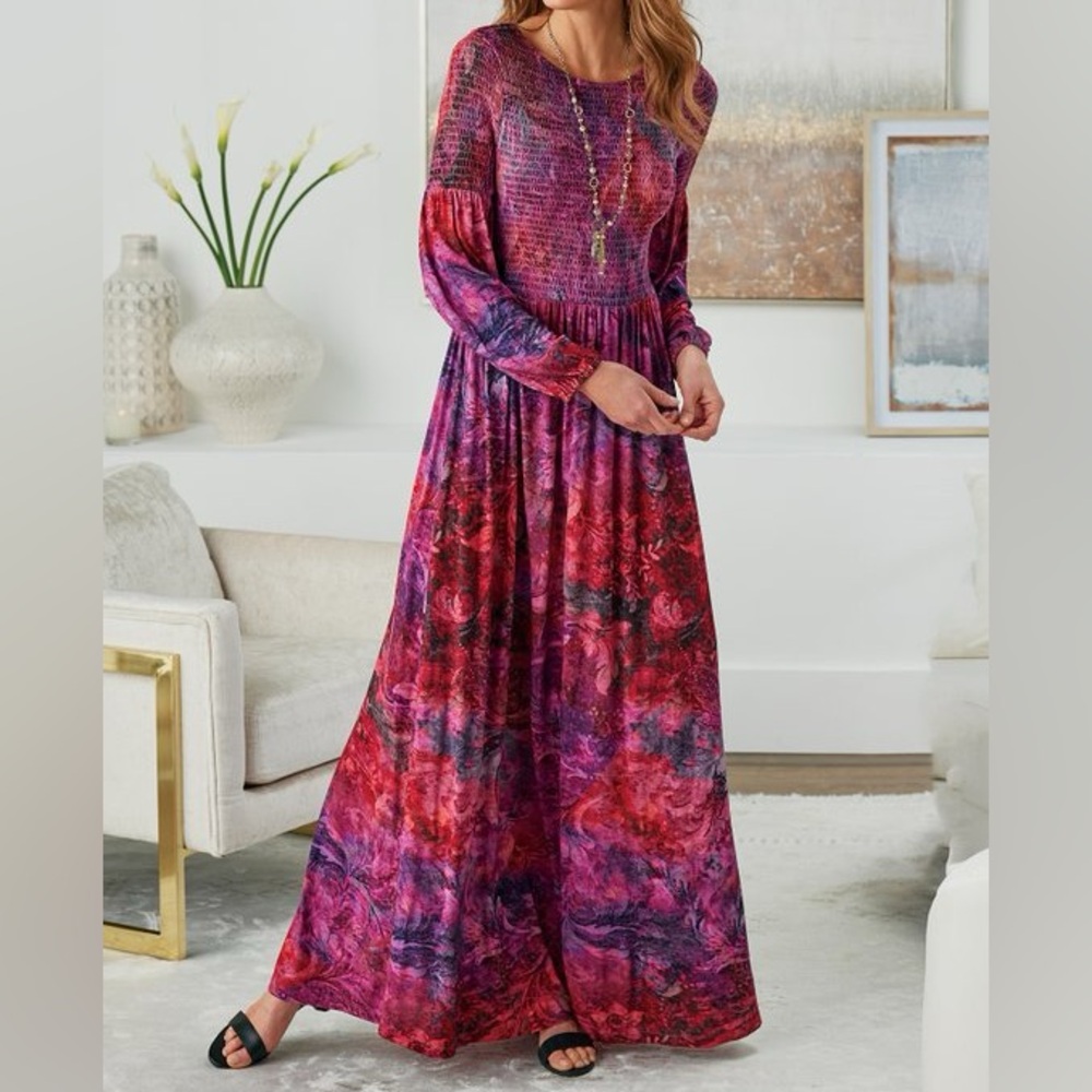 Soft Surroundings Red Printed Maxi Dress All-Season Soft Comfy - Size PXS